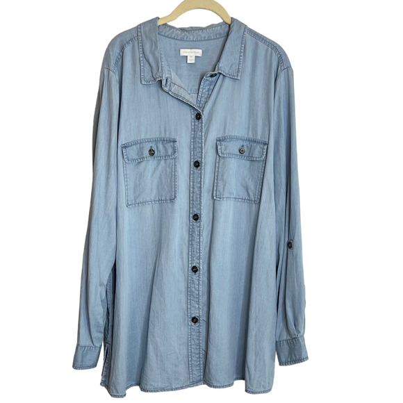 Charter Club Womens Chambray Blouse XXL Long Sleeve Button Up Light Wash Lyocell - Picture 1 of 6